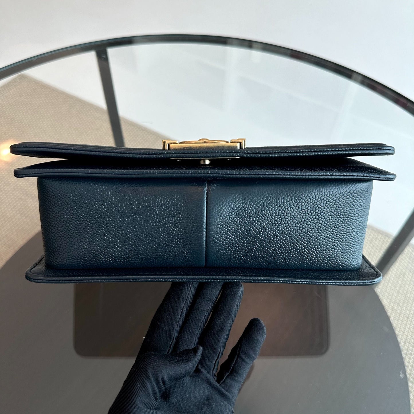 Chanel Boy Medium - Caviar Old Medium 25CM Quilted Leboy Dark Blue Ruthenium Gold Hardware Series 19