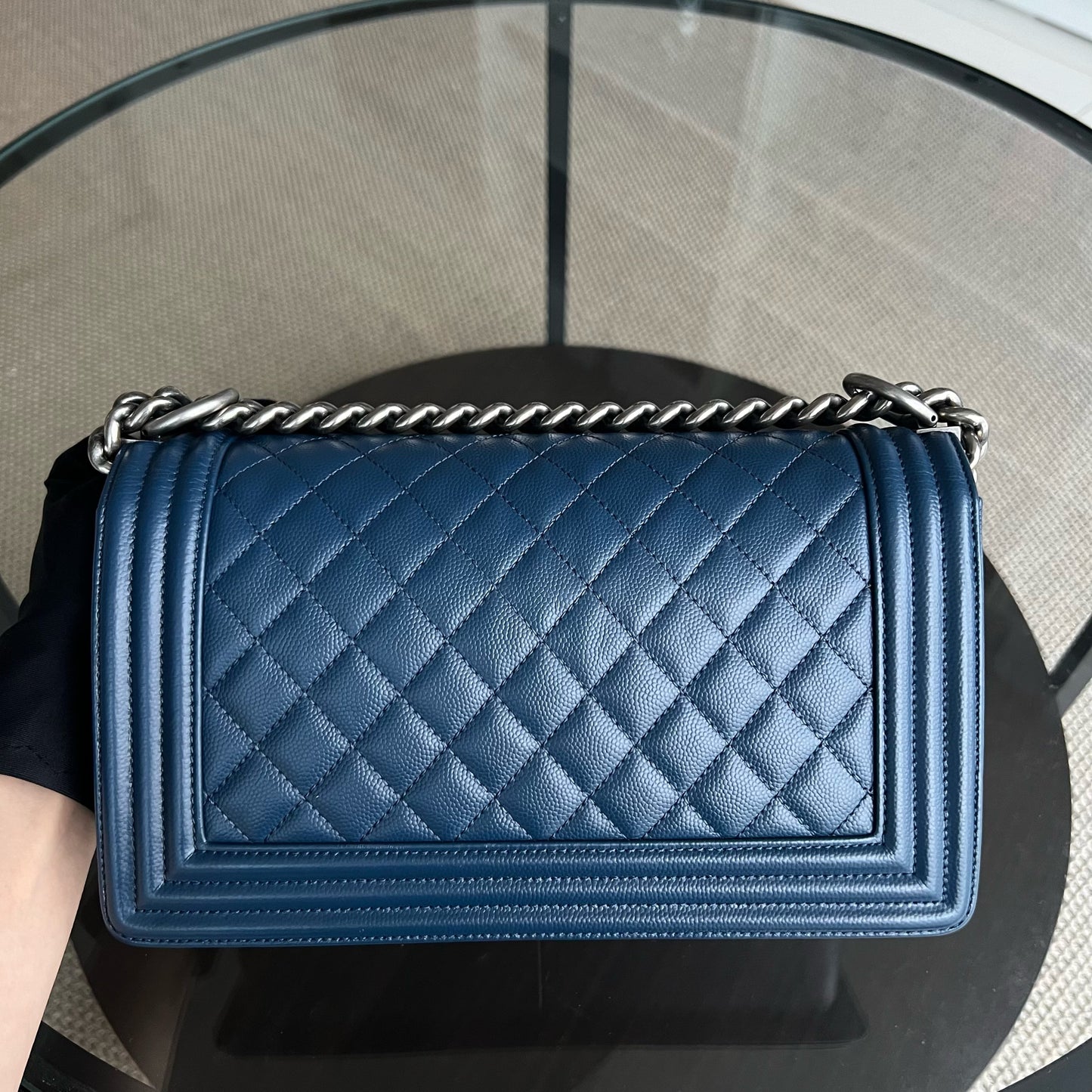 Chanel Caviar Boy Old Medium 25CM Quilted Grained Calfskin Dark Blue Leboy Ruthenium Silver Hardware Series 25