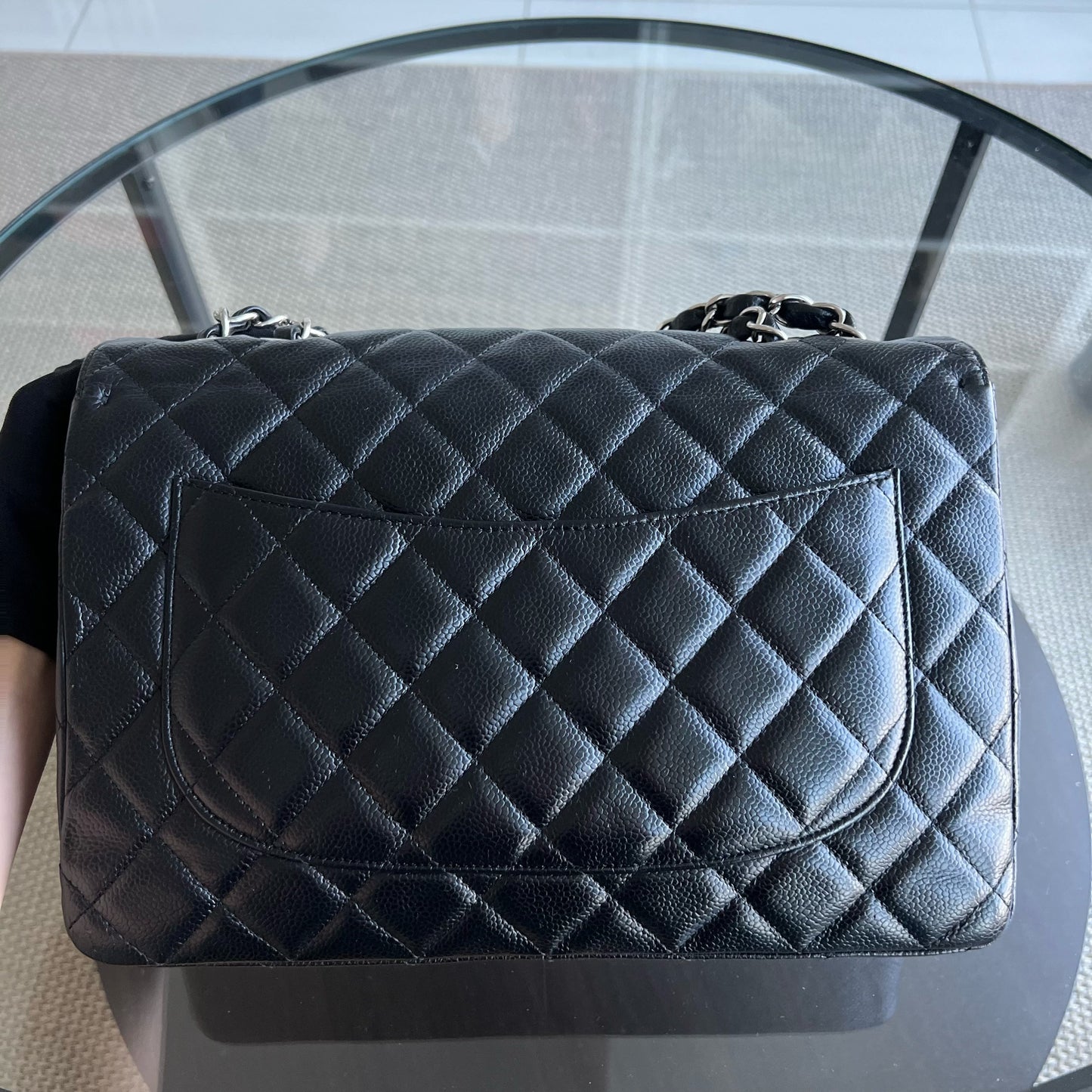 Chanel Caviar Jumbo Classic Flap Single Flap Quilted Grained Calfskin Black Silver Hardware Series 13