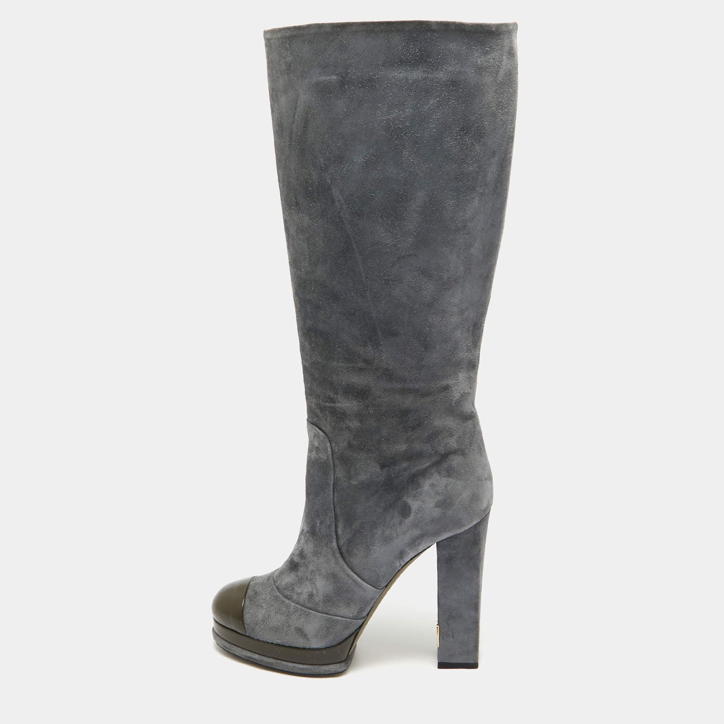 Chanel Grey Suede CC Cap Toe Block Heel Knee Length Boots Size 40.5 RJC4331