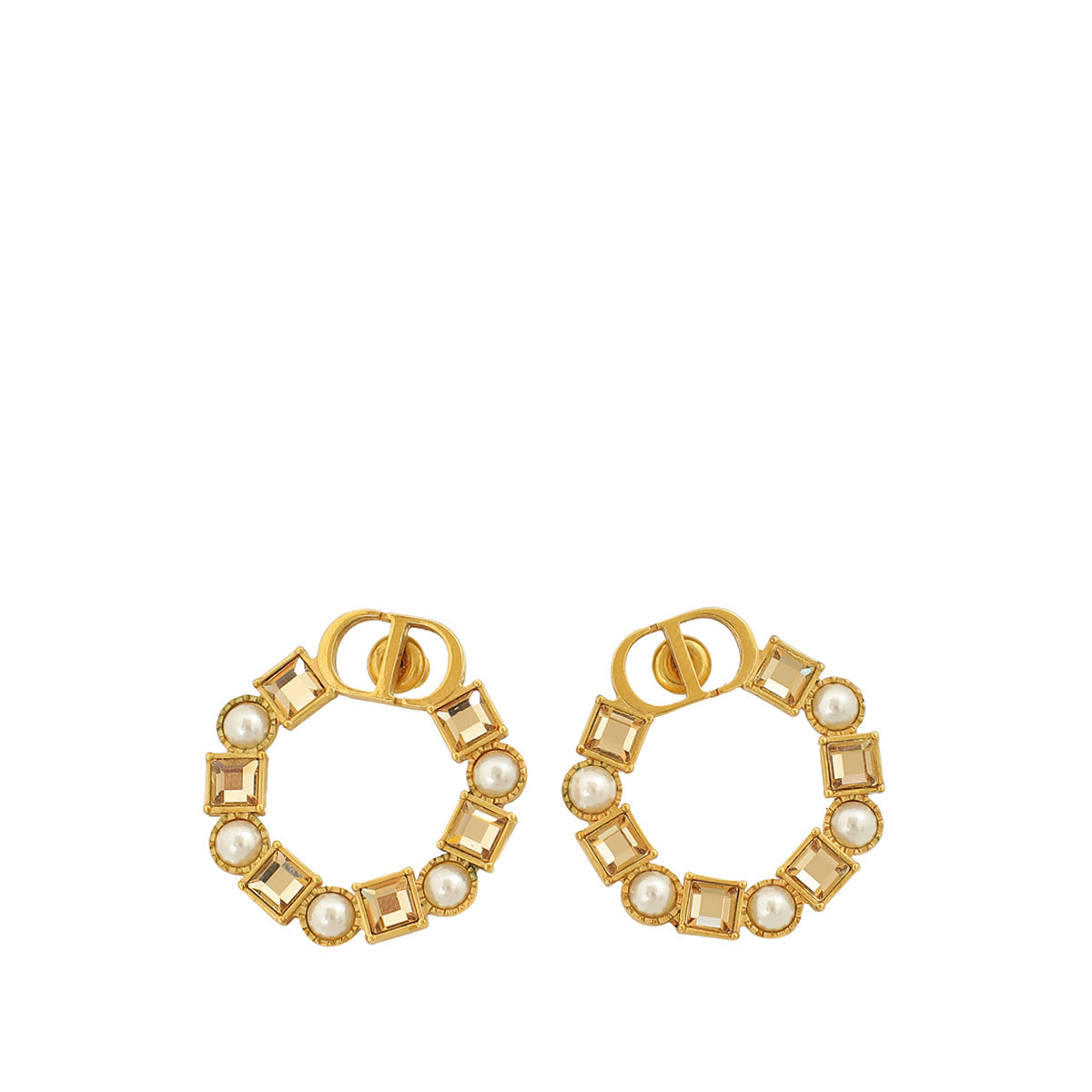 Dior Jewelry Christian Petit CD Crystal Pearl Earrings Gold