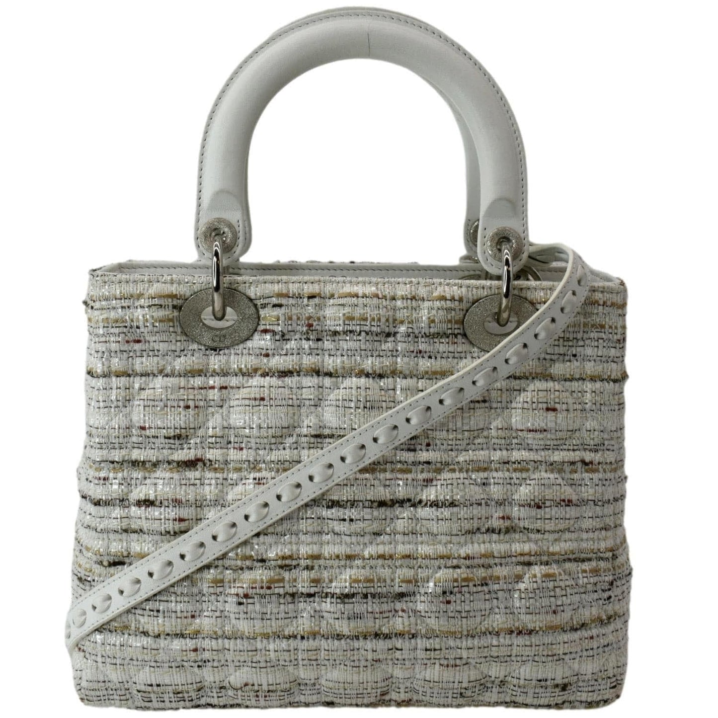 Dior Lady Tweed Shoulder Bag Leather White Medium