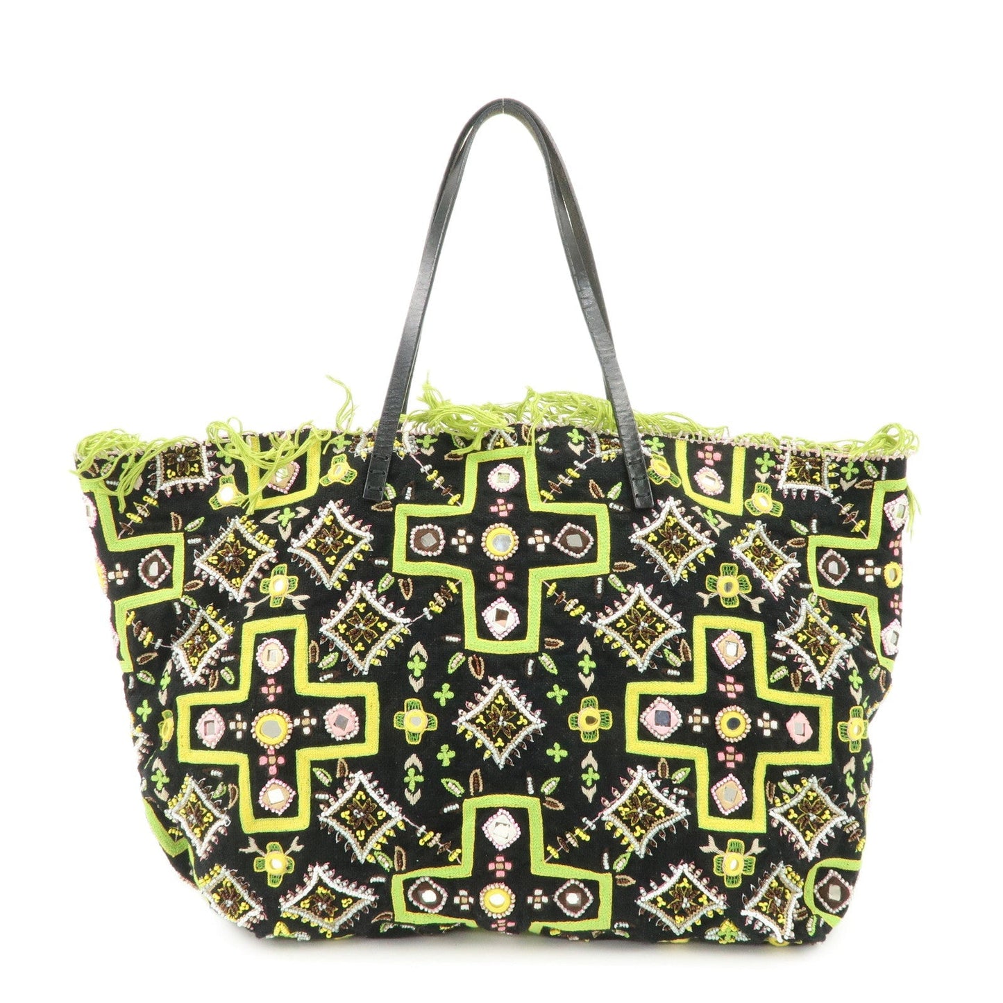 Fendi Tote Bag Beaded Embroidery Hand Bag d Leather Canvas Black
