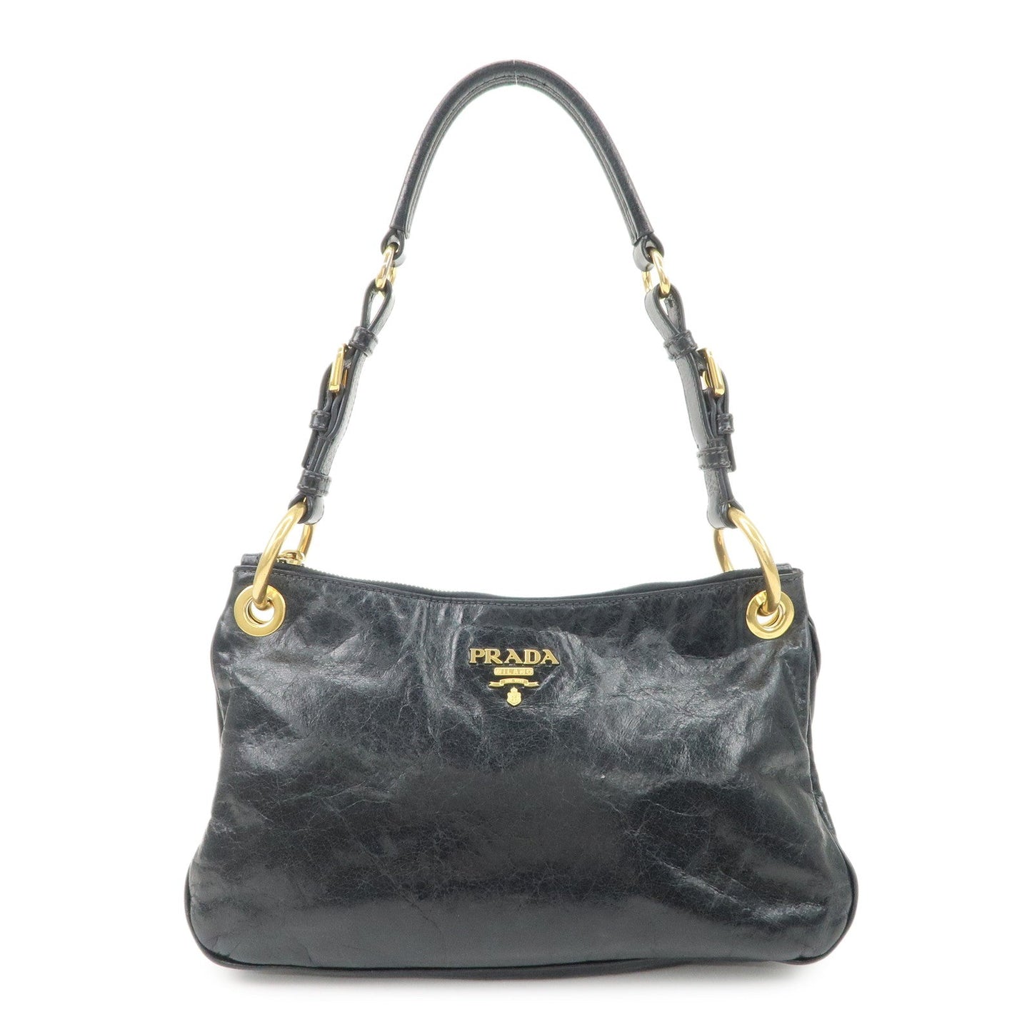 Prada Shoulder Bag Hand Bag Hardware d Leather Black Gold