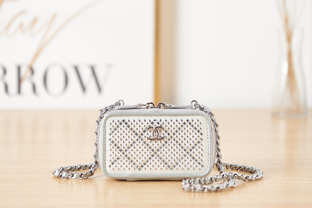 Chanel Crystal Vanity With Chain Bag For Women White Silver Travel Bag