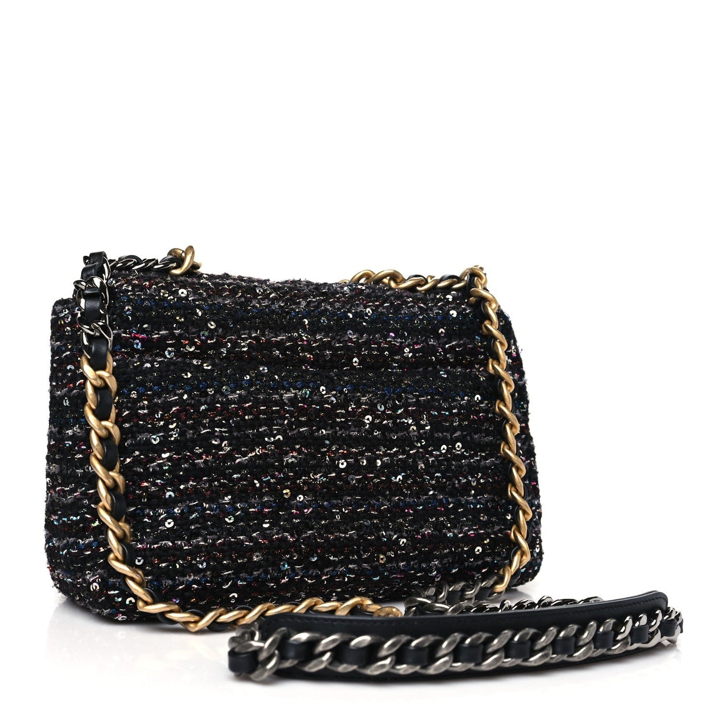 Chanel Tweed Sequin Quilted Medium 19 Flap Black Multicolor Handbag