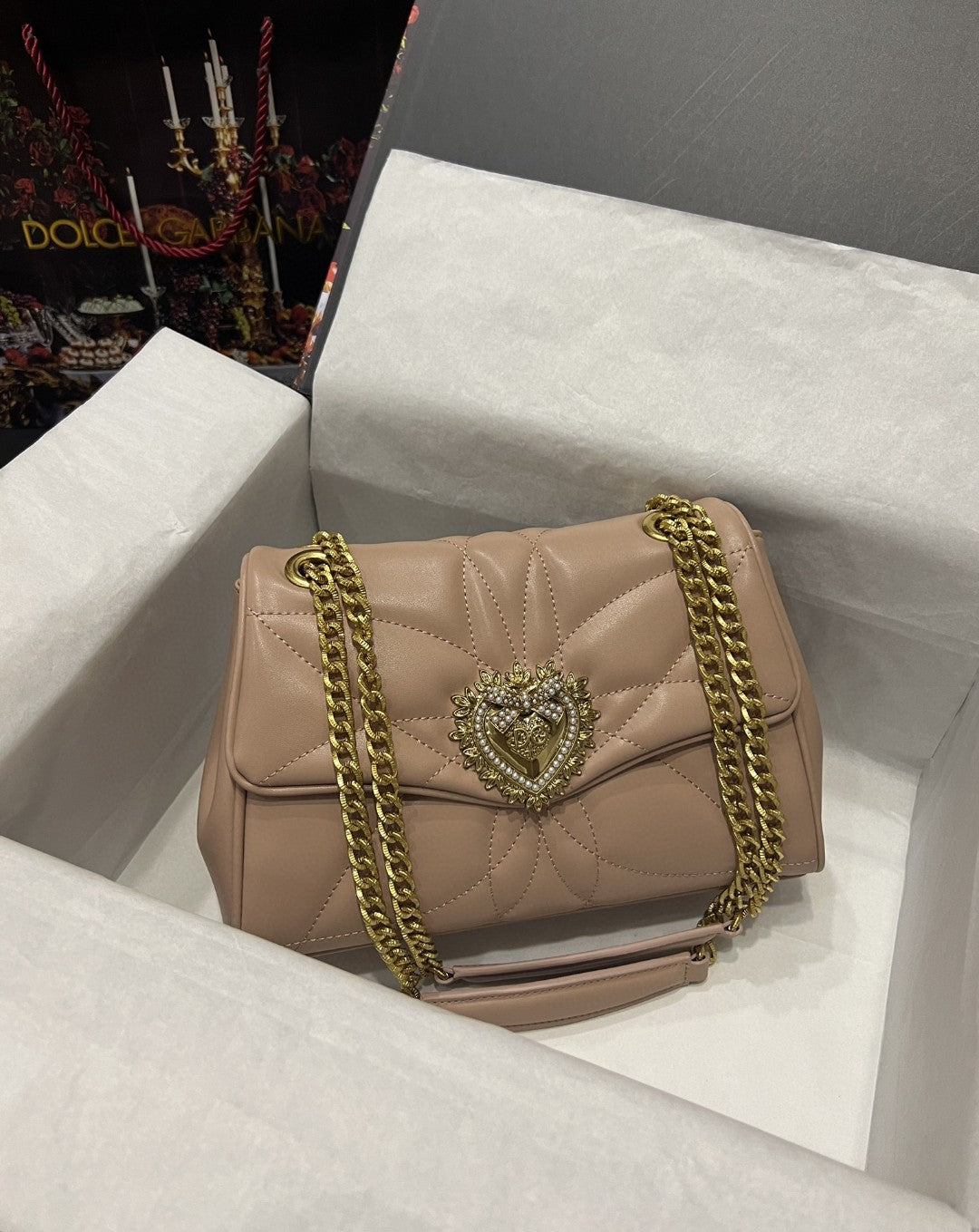 Devotion Nappa Quilted Beige Large Shoulder Bag