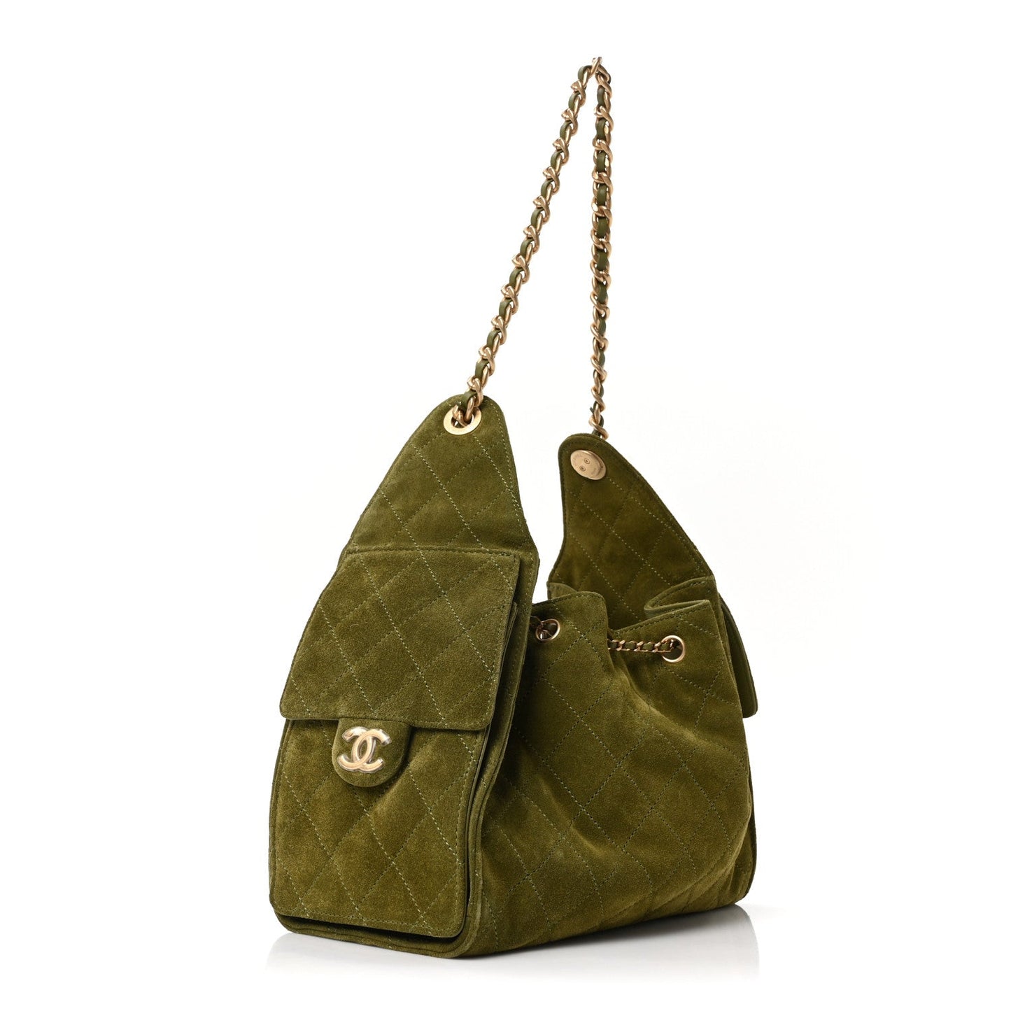 Chanel Suede Quilted Small 25 Handbag Khaki