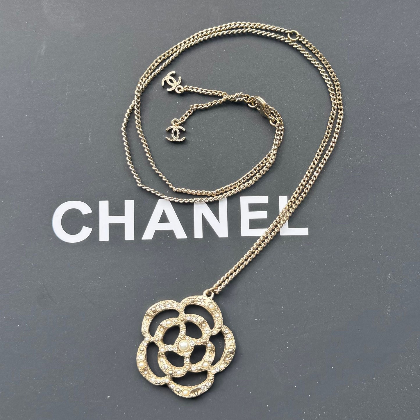 Chanel Faux Pearl & Strass Camelia Pendant Necklace - Gold-Plated Pendant Necklace, Necklaces
