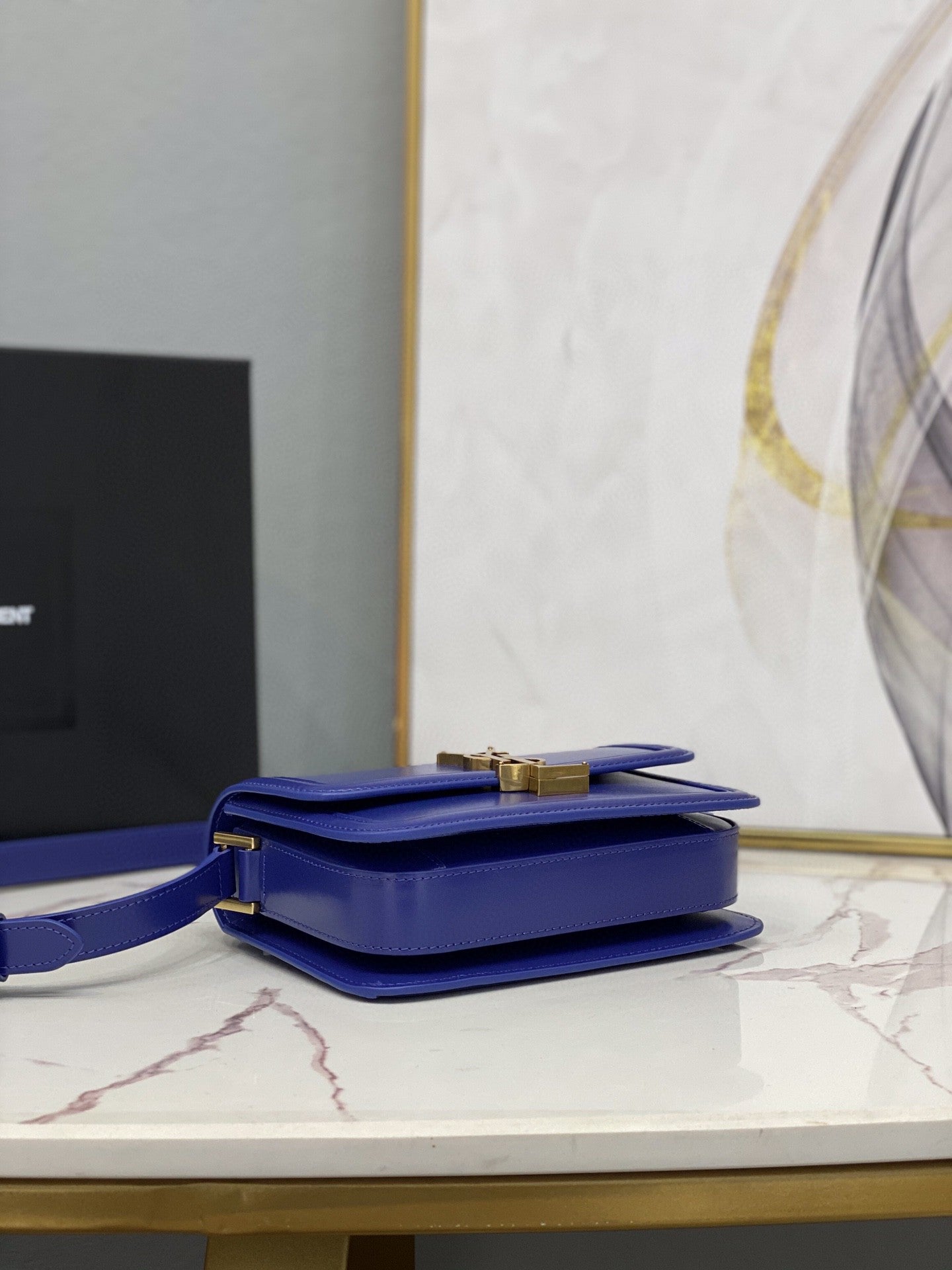 YSL Saint Laurent Solferino Box 7in 19cm Blue Navy Small Satchel Bag