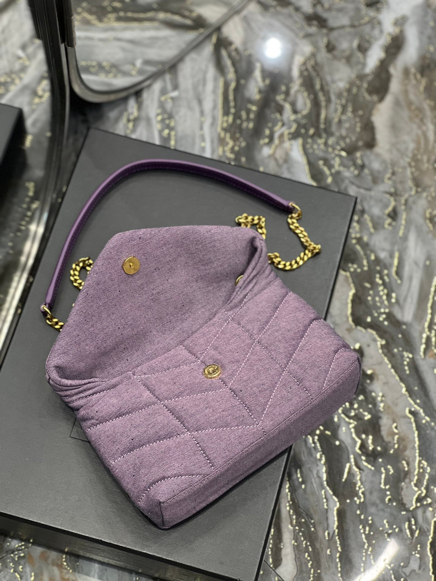 YSL Saint Laurent Puffer Toy Blesched Lilac 9in Denim Handbag