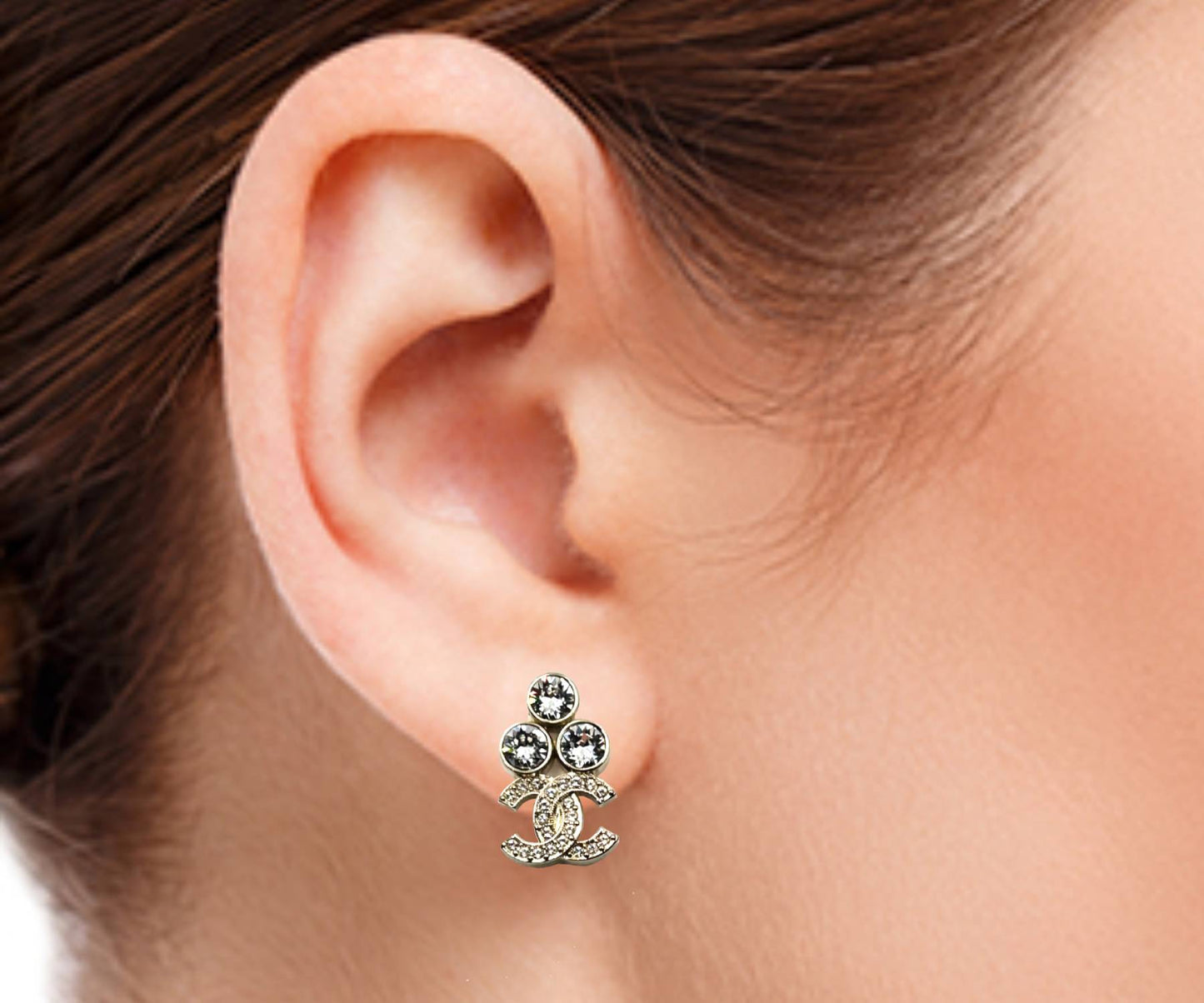 Chanel Brand New Gold Round Crystal CC Small Piercing Earrings