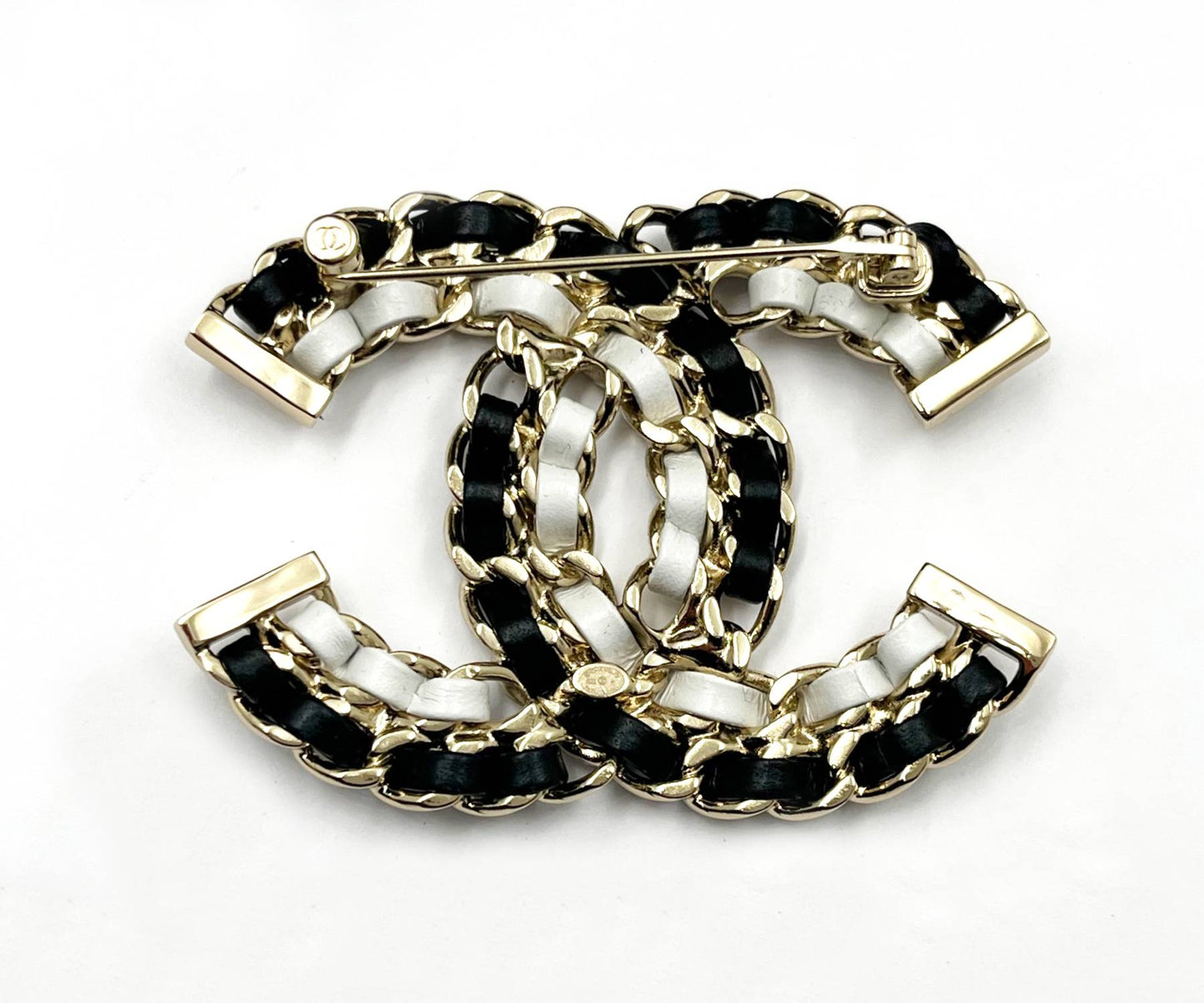 Chanel Brand New Gold CC Black White Leather Chain Large Brooch