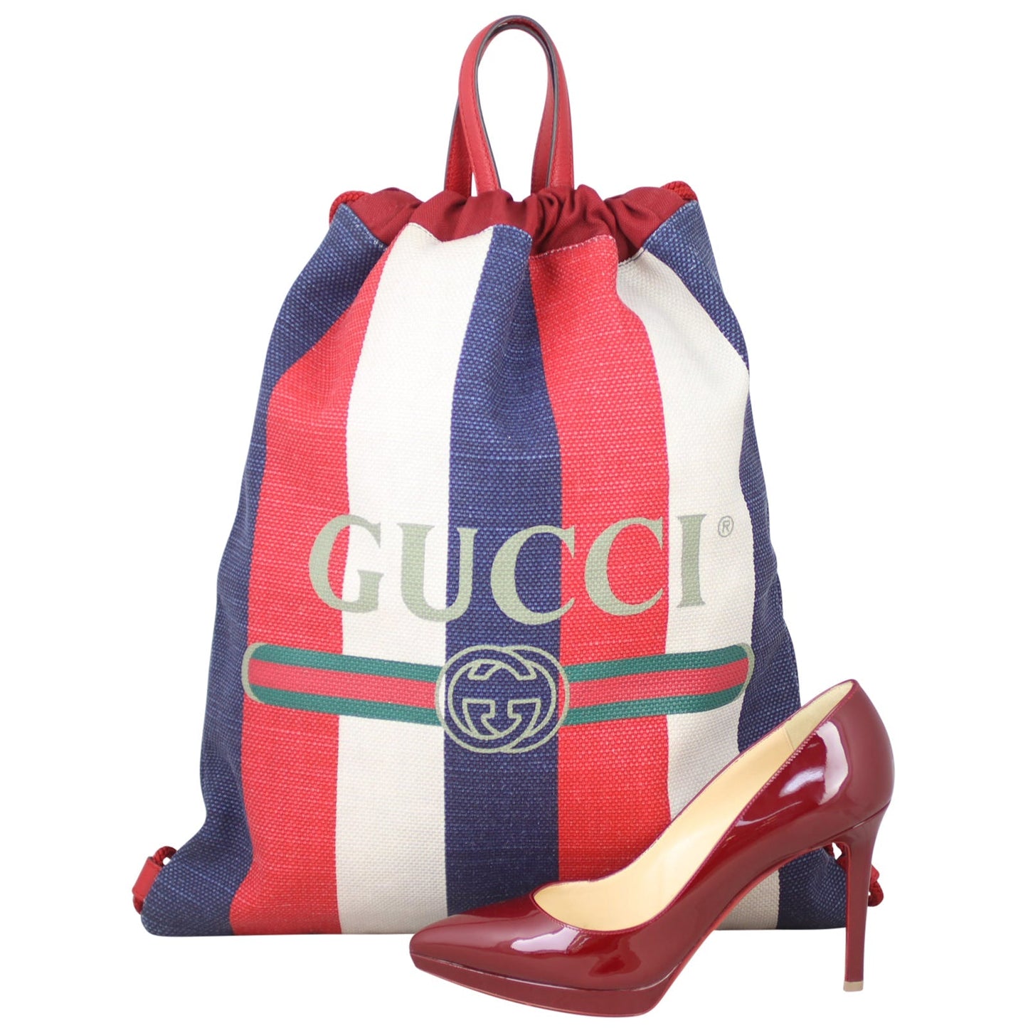 Gucci Striped Canvas Drawstring Backpack