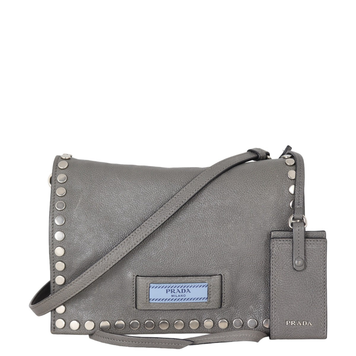 Prada Messenger Bag Etiquette Studded Glace Calfskin Gray