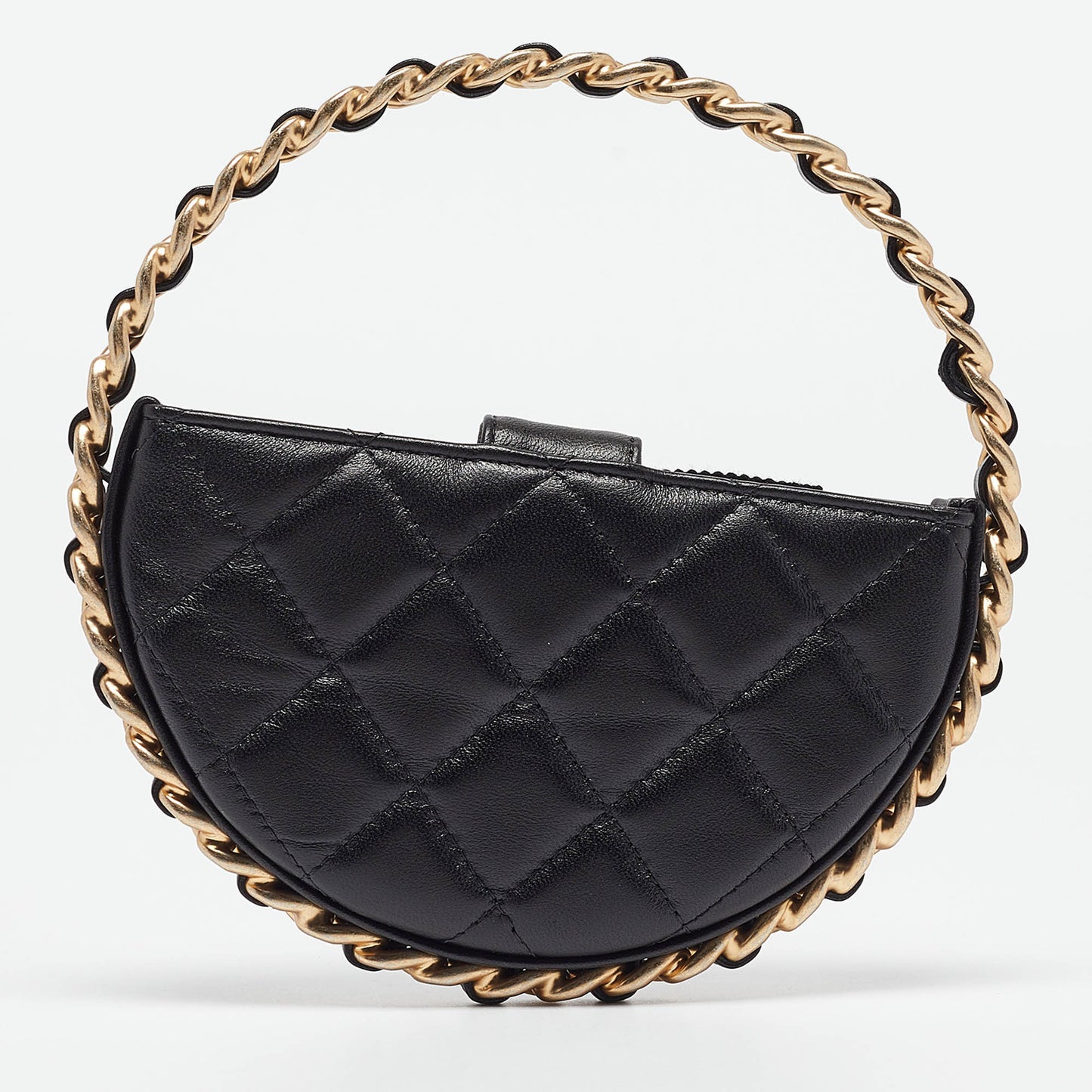 Chanel Black Quilted Leather Mini Round Camellia Clutch
