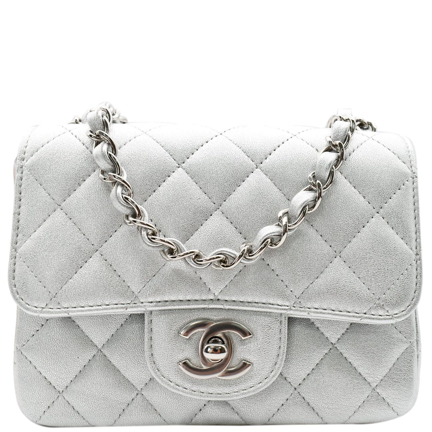 Louis Vuitton CHANEL Square Flap Quilted Leather Lambskin Silver Travel Bag