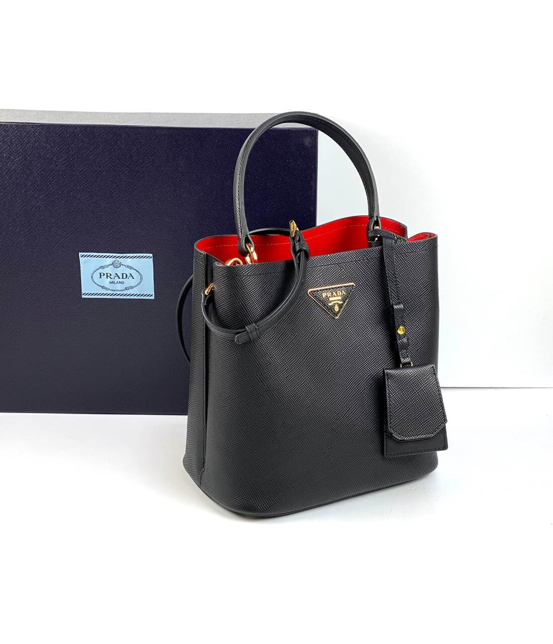 Prada Panier Bag In Leather Saffiano Black Travel Bag