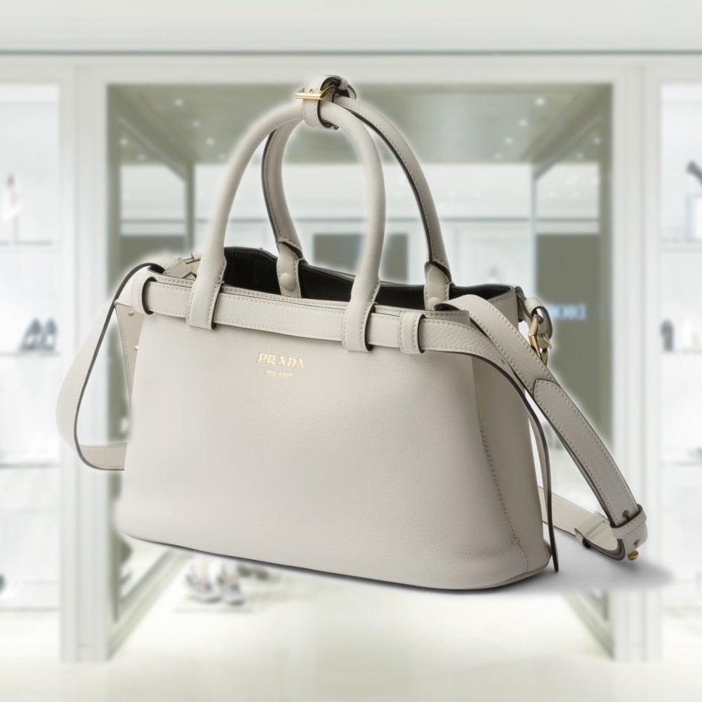 Prada Buckle Handbag With Double Belt Leather Small