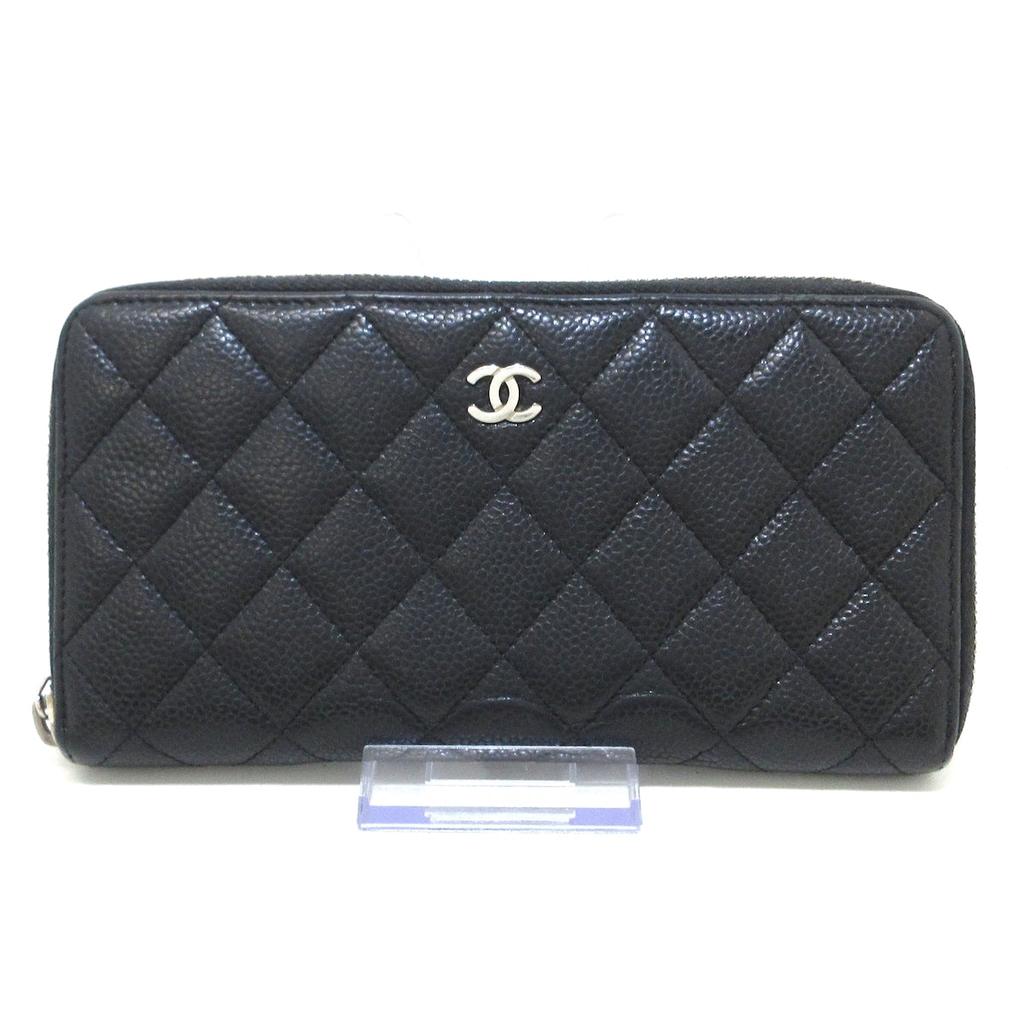 Chanel Matelasse Black Leather Quilted Zip Around Wallet