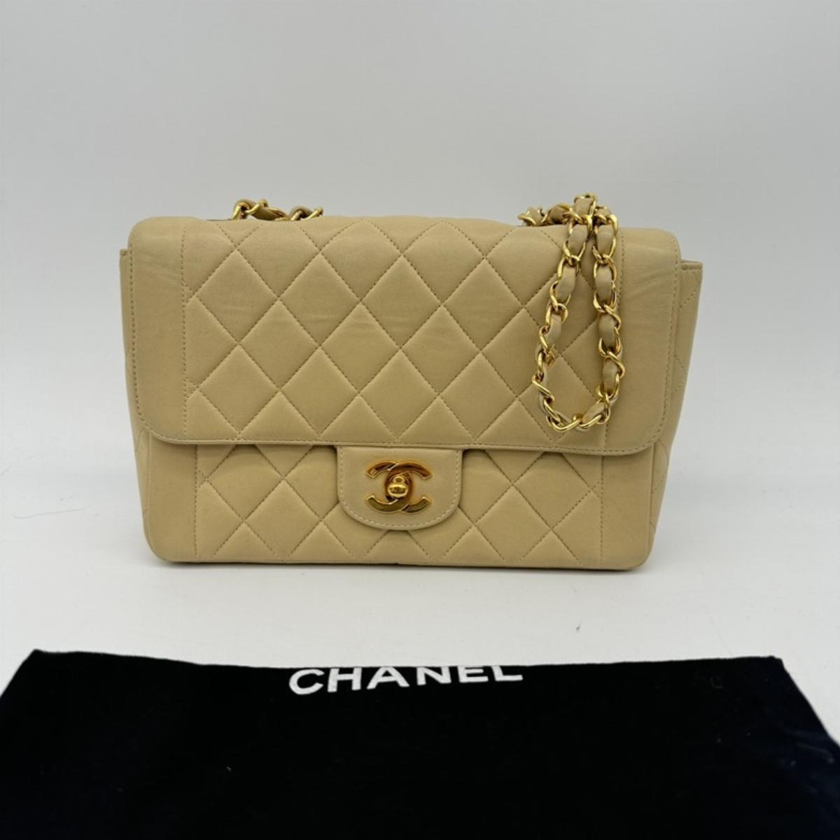 Chanel Beige Leather Shoulder Bag Lambskin Single Flap Medium