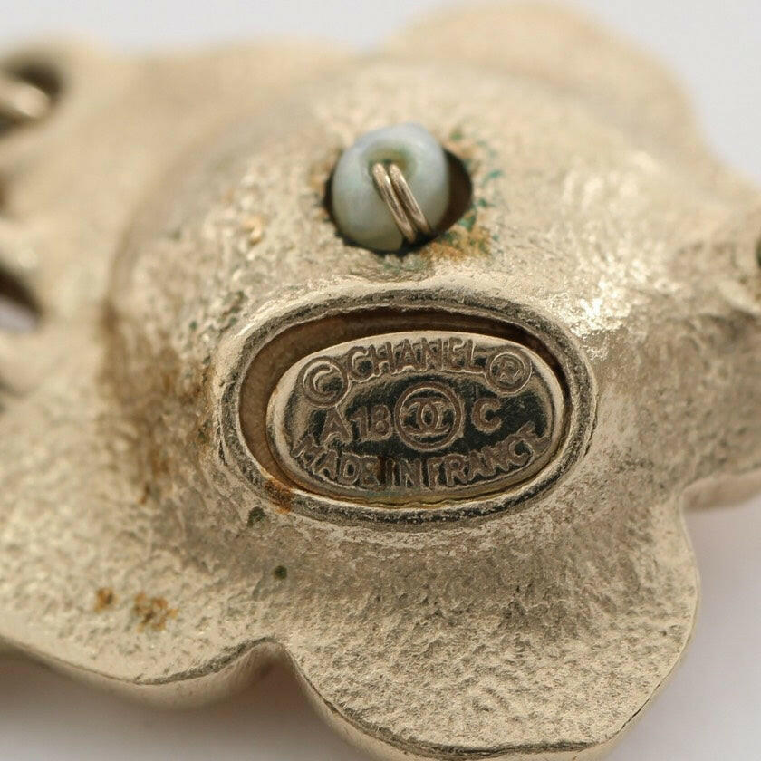 Chanel Gold & Silver Dangling Post Earrings with Pearls and Camellia Flowers
