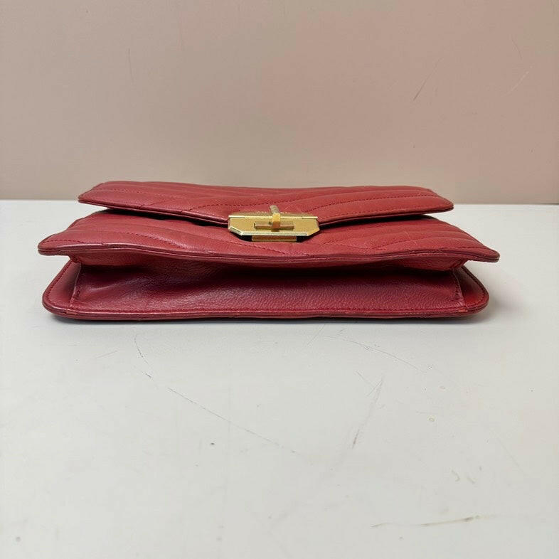 Chanel . Calfskin Single Flap Bag Red Medium Size with Gold Chain Strap