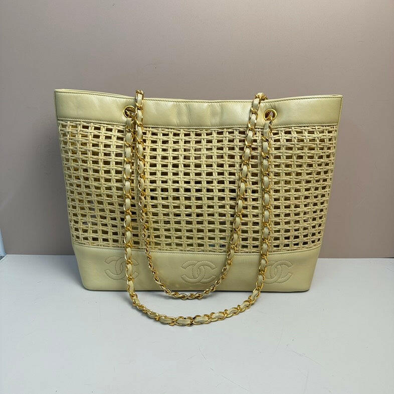 Chanel Beige Leather Straw Chain Tote Bag