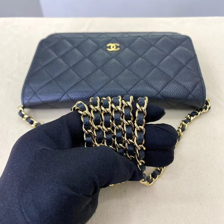 Chanel Black Quilted Leather WOC Wallet On Chain Gold Hardware Bag With Card