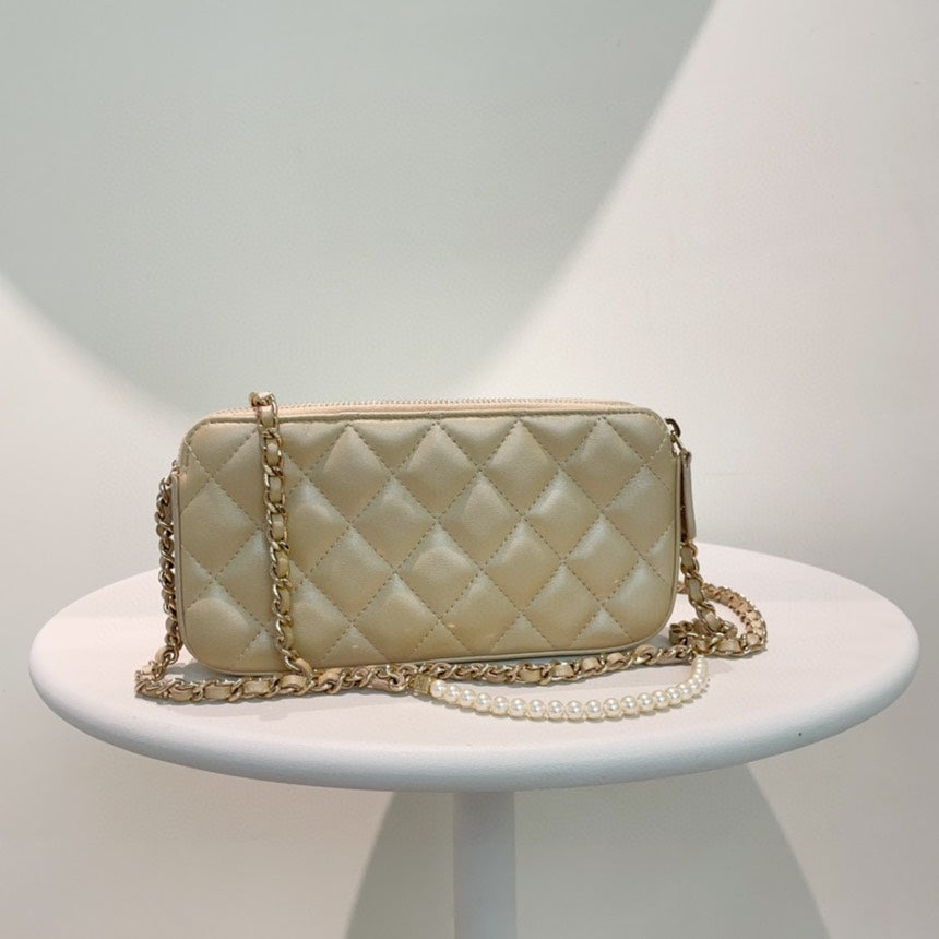 Chanel WOC Beige Leather Quilted Chain Wallet on Chain Classic Medium