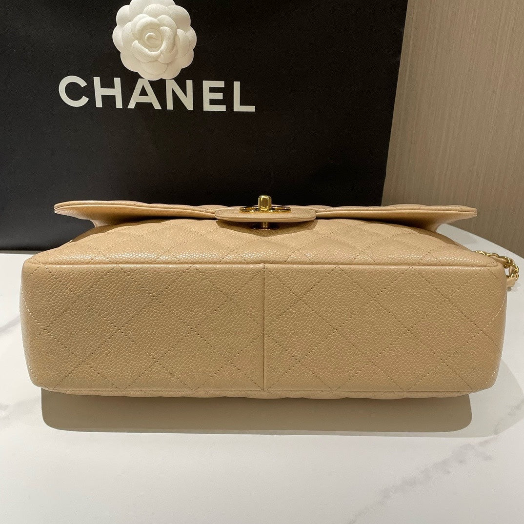 Chanel Classic Single Flap Jumbo Beige Caviar Leather