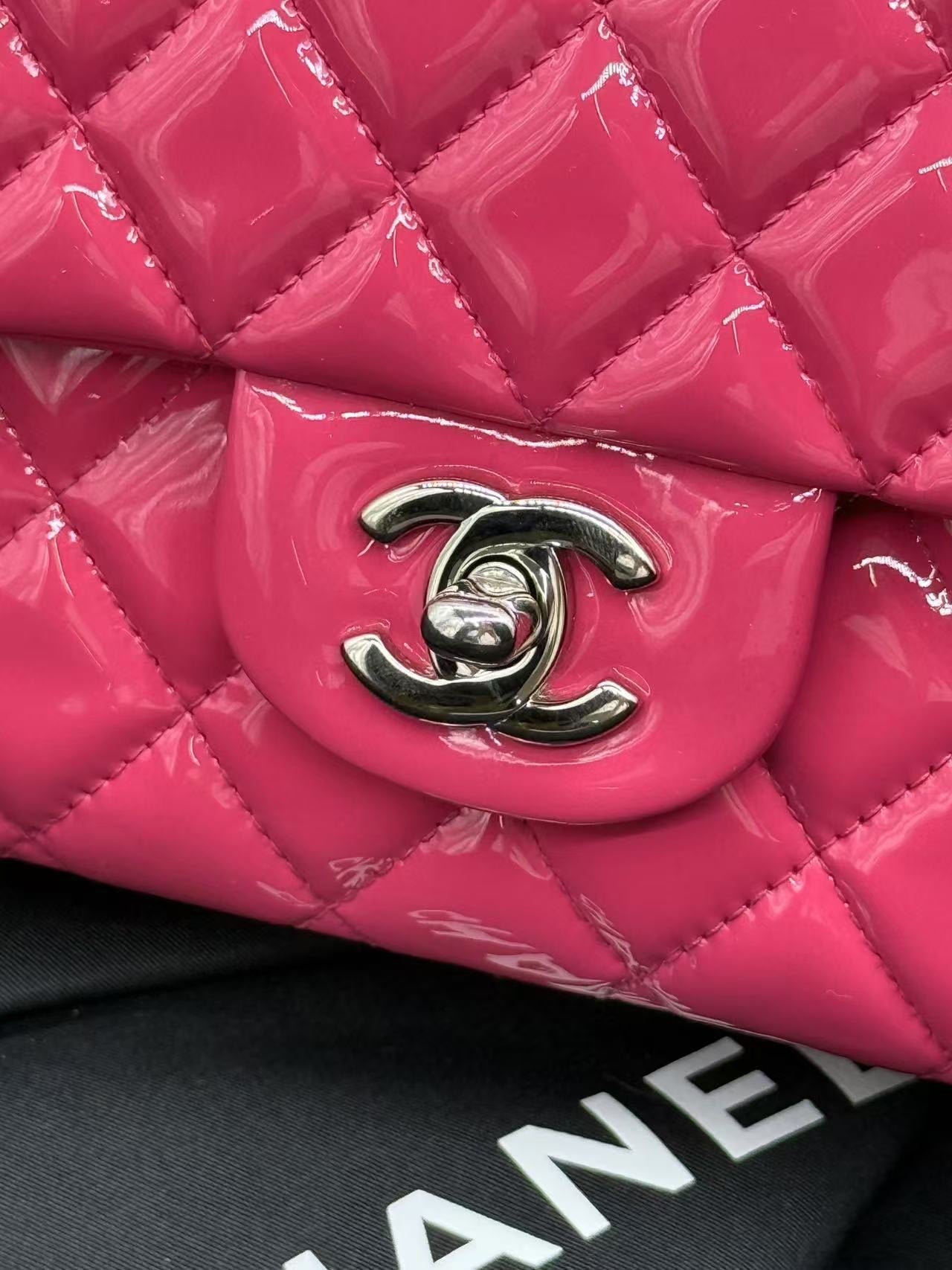 Chanel Double Flap CF Medium Pink Patent Shoulder Bag Full Set