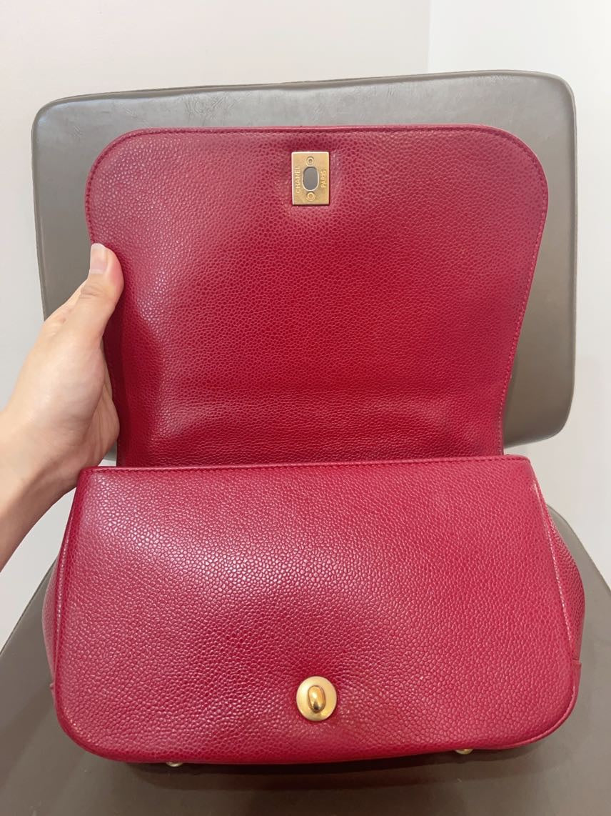 Chanel Handle Flap Bag with Card Red Leather Top Handle Bag