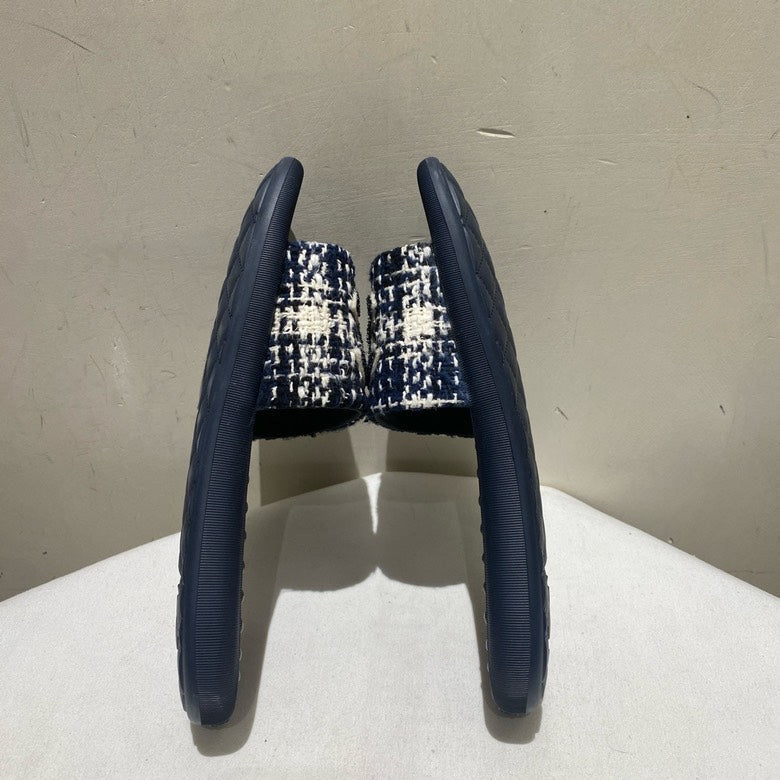 Chanel Tweed Logo Slide Sandals Navy Blue