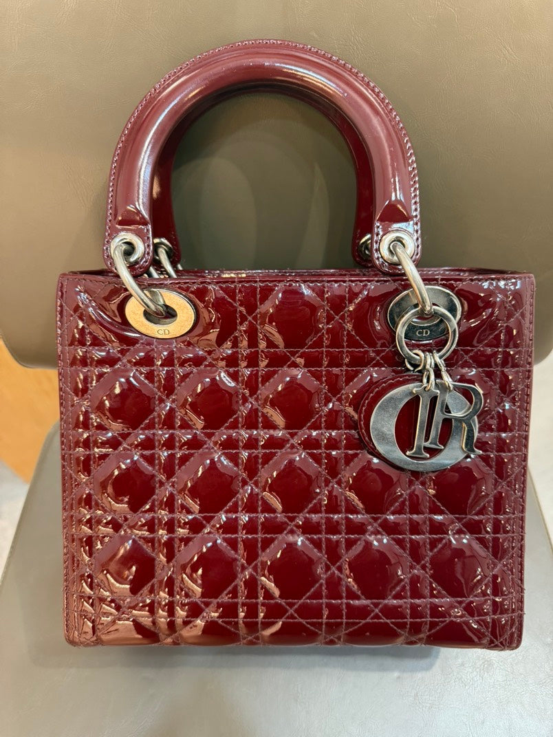 Dior Handbag Lady Wine Color Leather Patent Medium