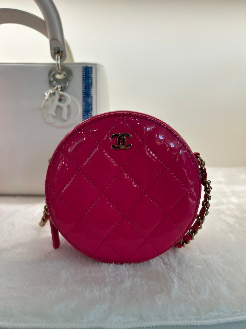 Chanel Round Quilted Coin Pouch in Pink Patent Leather