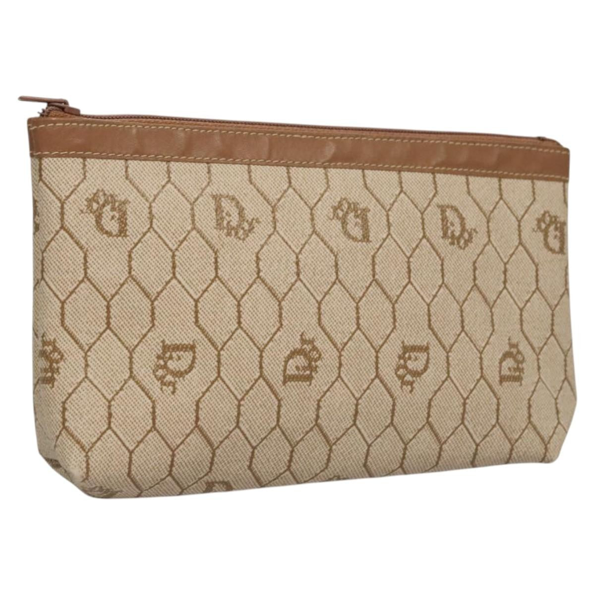 Dior Handbag Christian Honeycomb Pouch Coated Pvc Bag Canvas Beige Zip