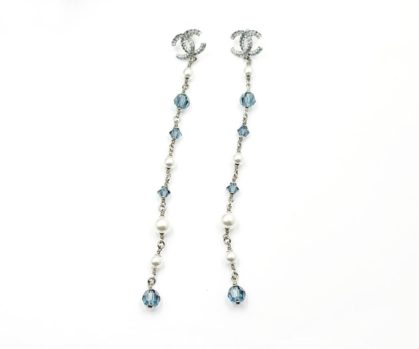 Chanel Brand New Silver CC Blue Princess Crystal Pearl Super Long Earrings