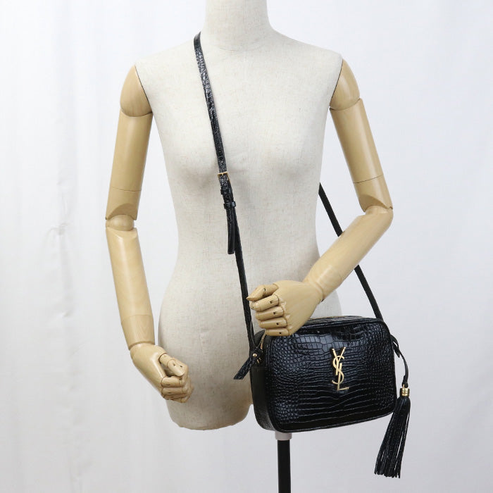 Saint Diagonal Shoulder Bag Croco Embossed Women Leather Black