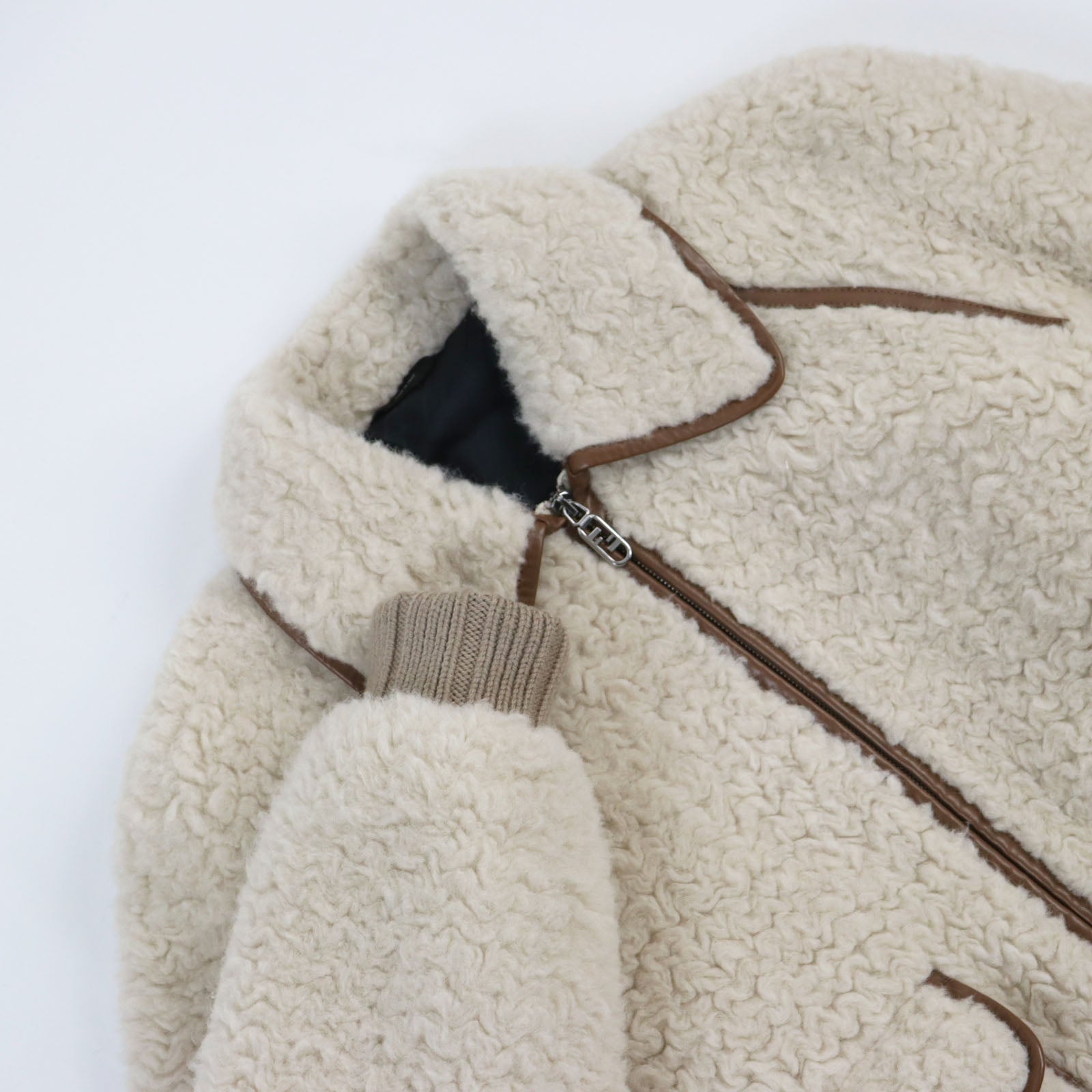 Fendi Blouson Outer Wool Outer Alpaca Part Part Wool Leather Brown Beige Travel Bag