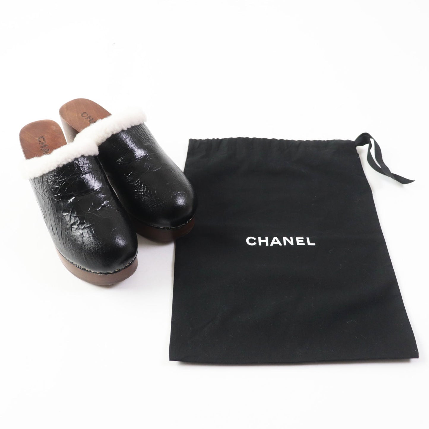 Chanel Sheepskin Clog Sandals Black Brown