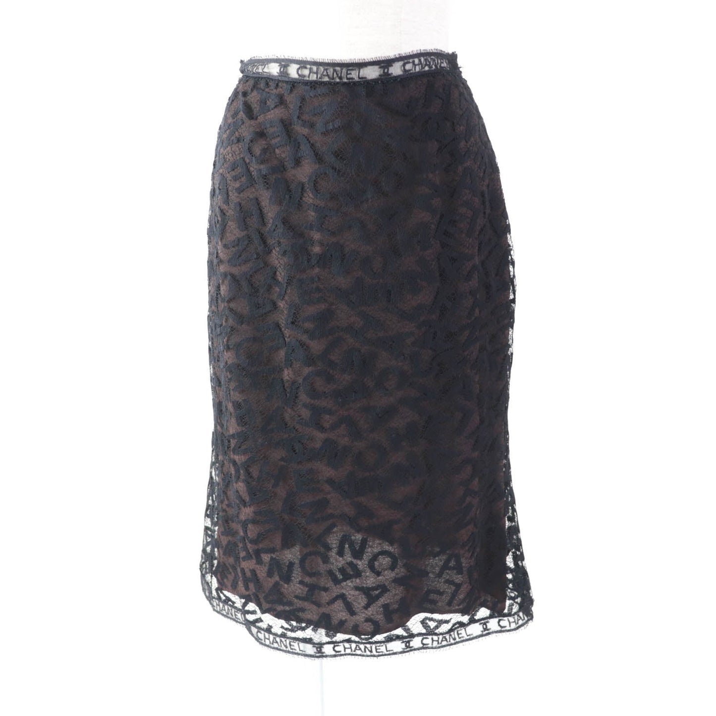Chanel   Logo Lace Knee Skirt Black 38