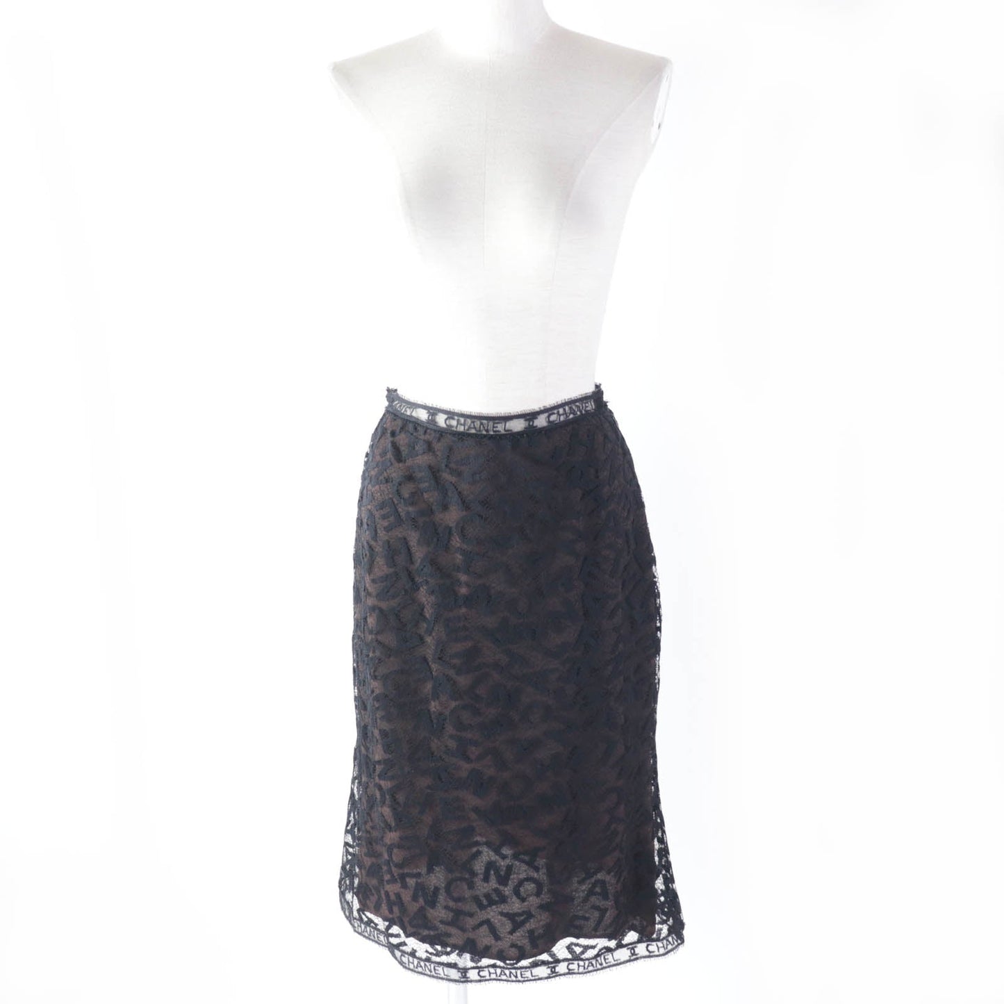 Chanel   Logo Lace Knee Skirt Black 38