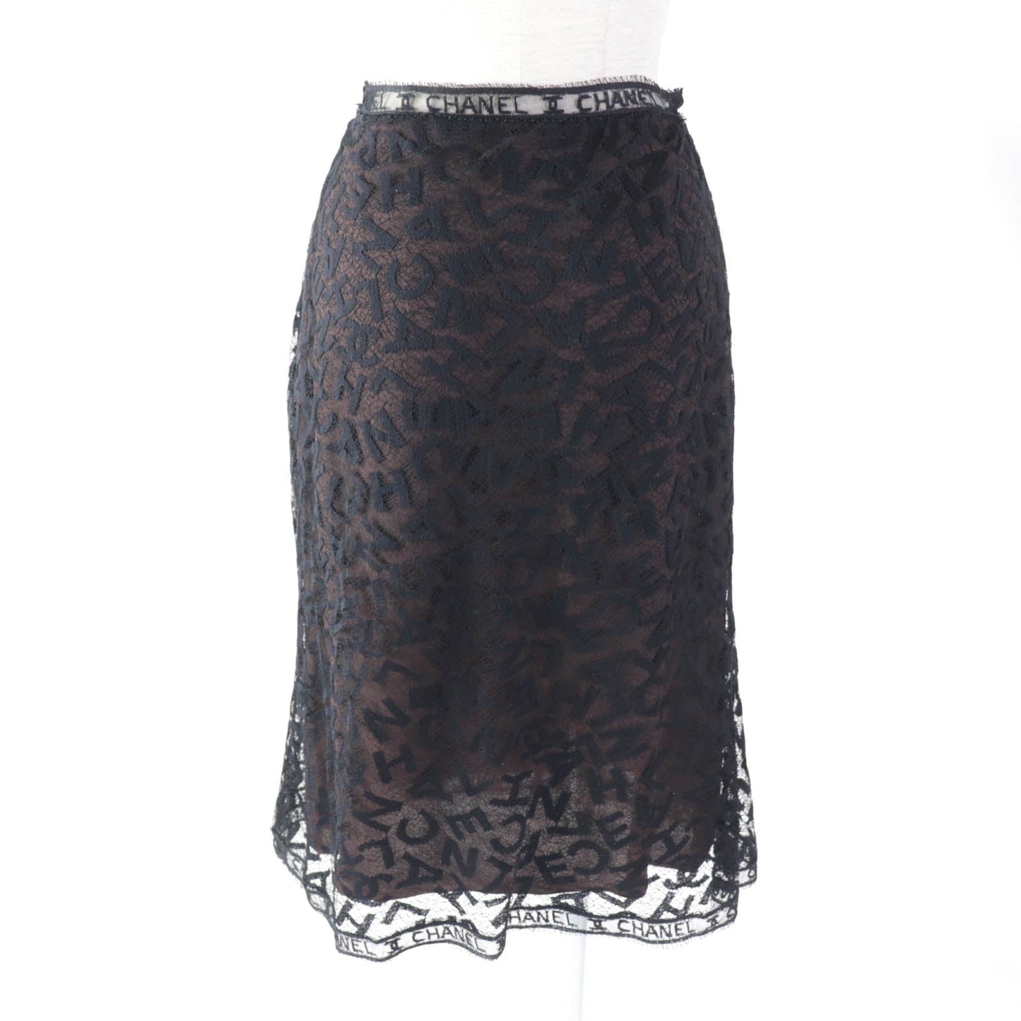 Chanel   Logo Lace Knee Skirt Black 38
