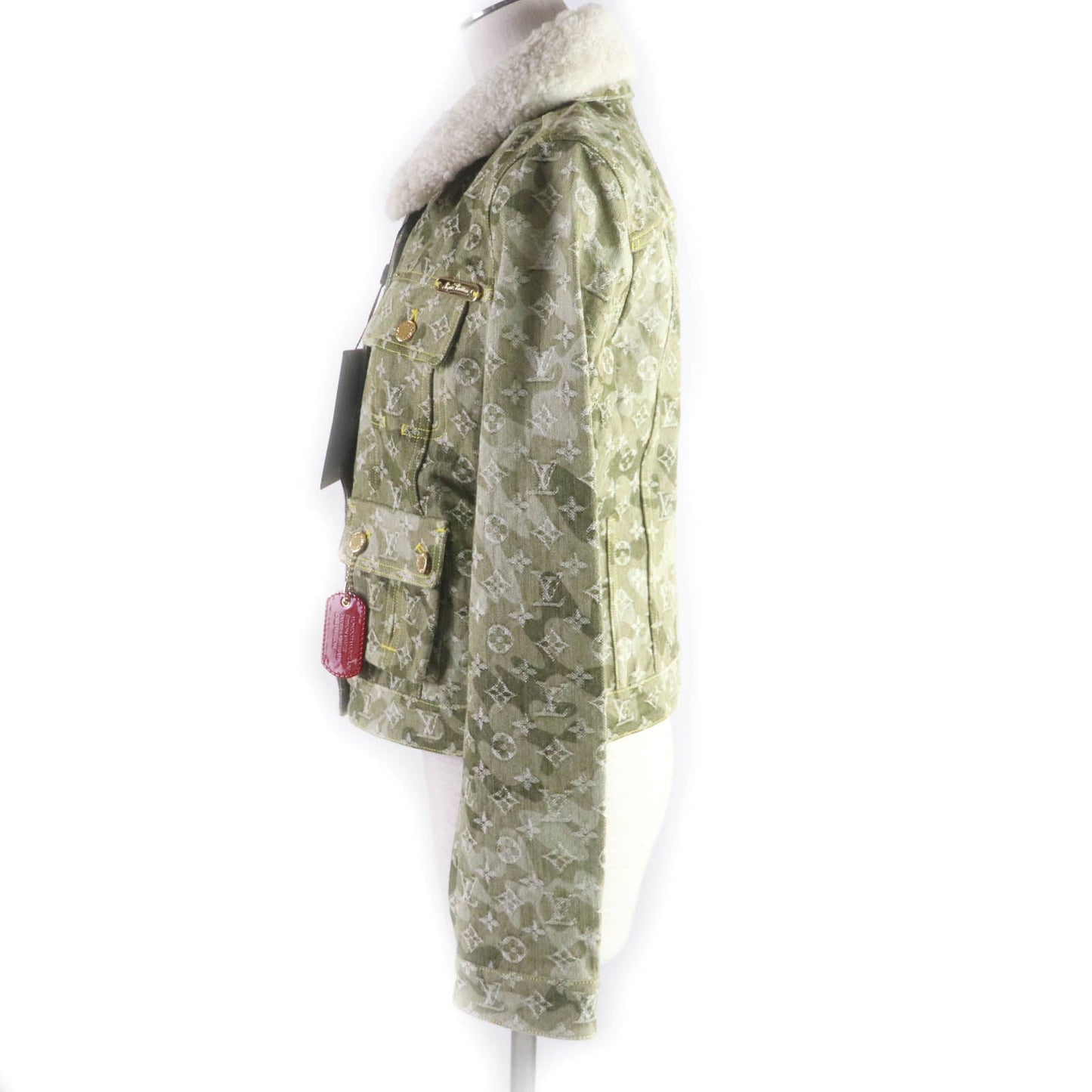 Louis Vuitton Jacket Fur Mouton Monogrammed Lines Denim Cotton Khaki Apparel
