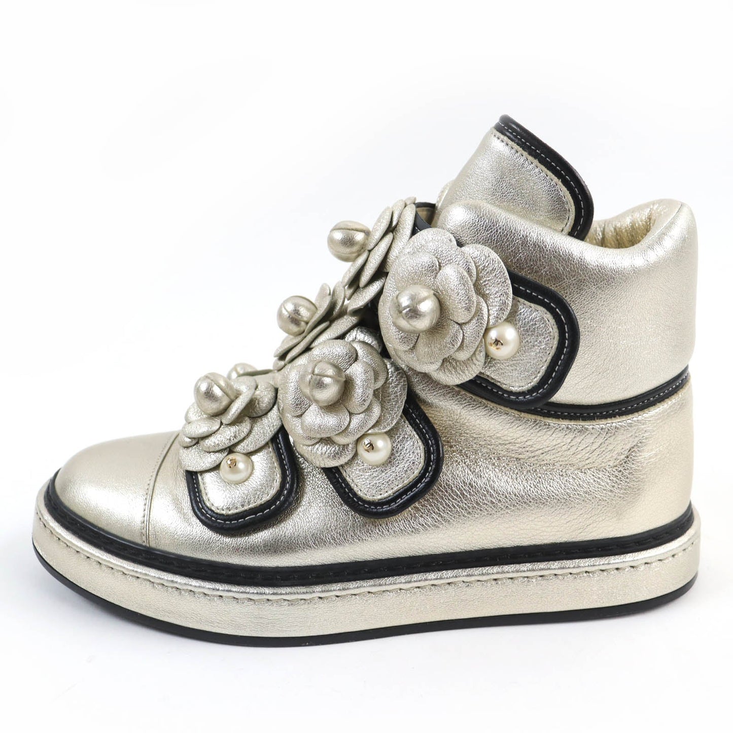 Chanel Camellia Leather High Cut Sneakers 37