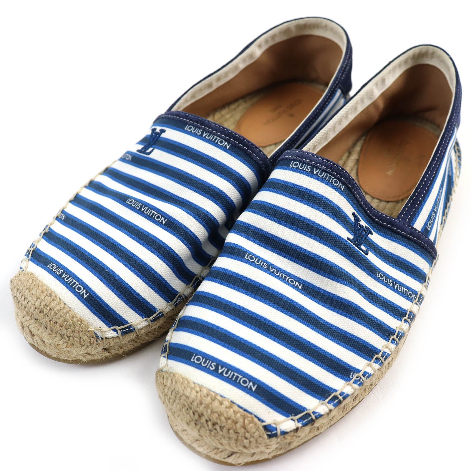 Louis Vuitton Slip-on Rubber Jute Flats Border Canvas White Blue Logo Shoes