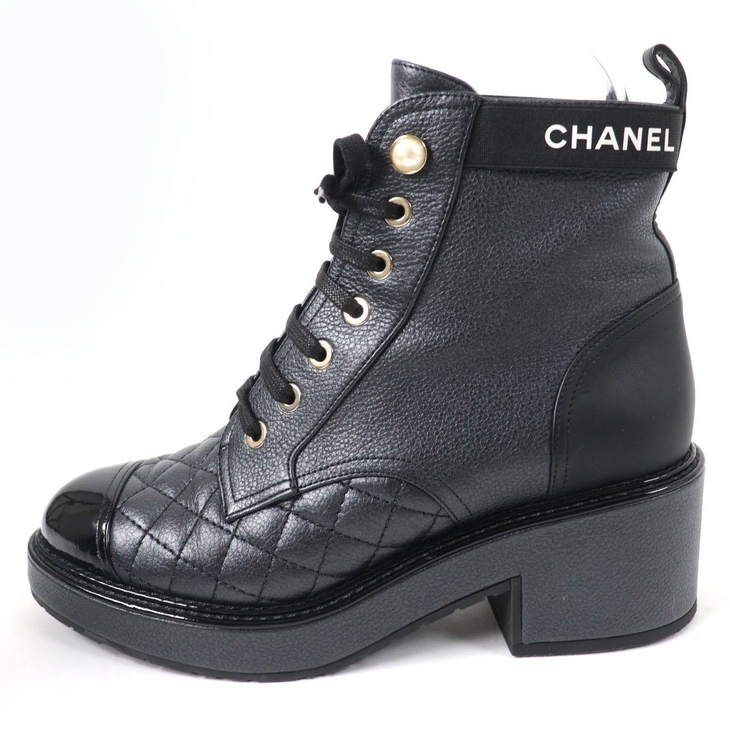 Chanel Leather Logo Matelasse Ankle Boots