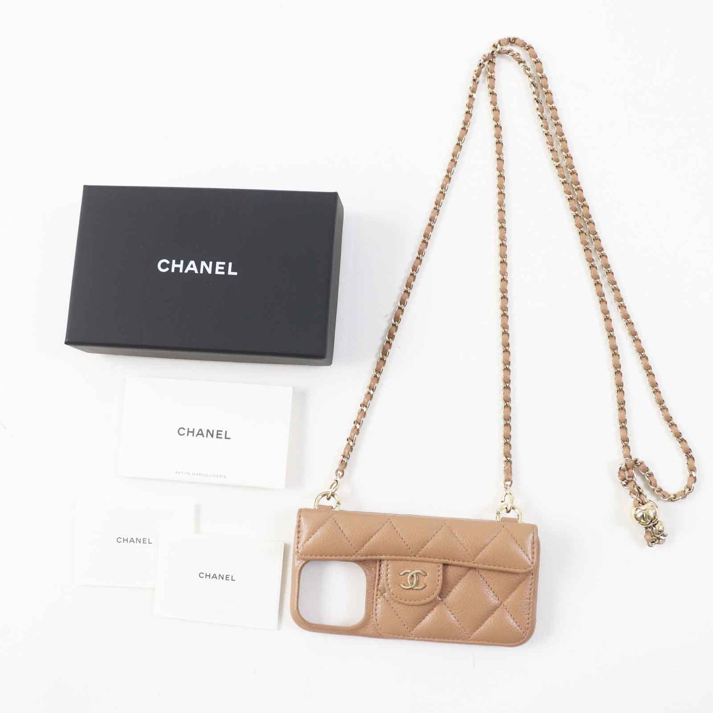Chanel Iphone 14 Pro Caviar Skin Case With Chain Jewelry
