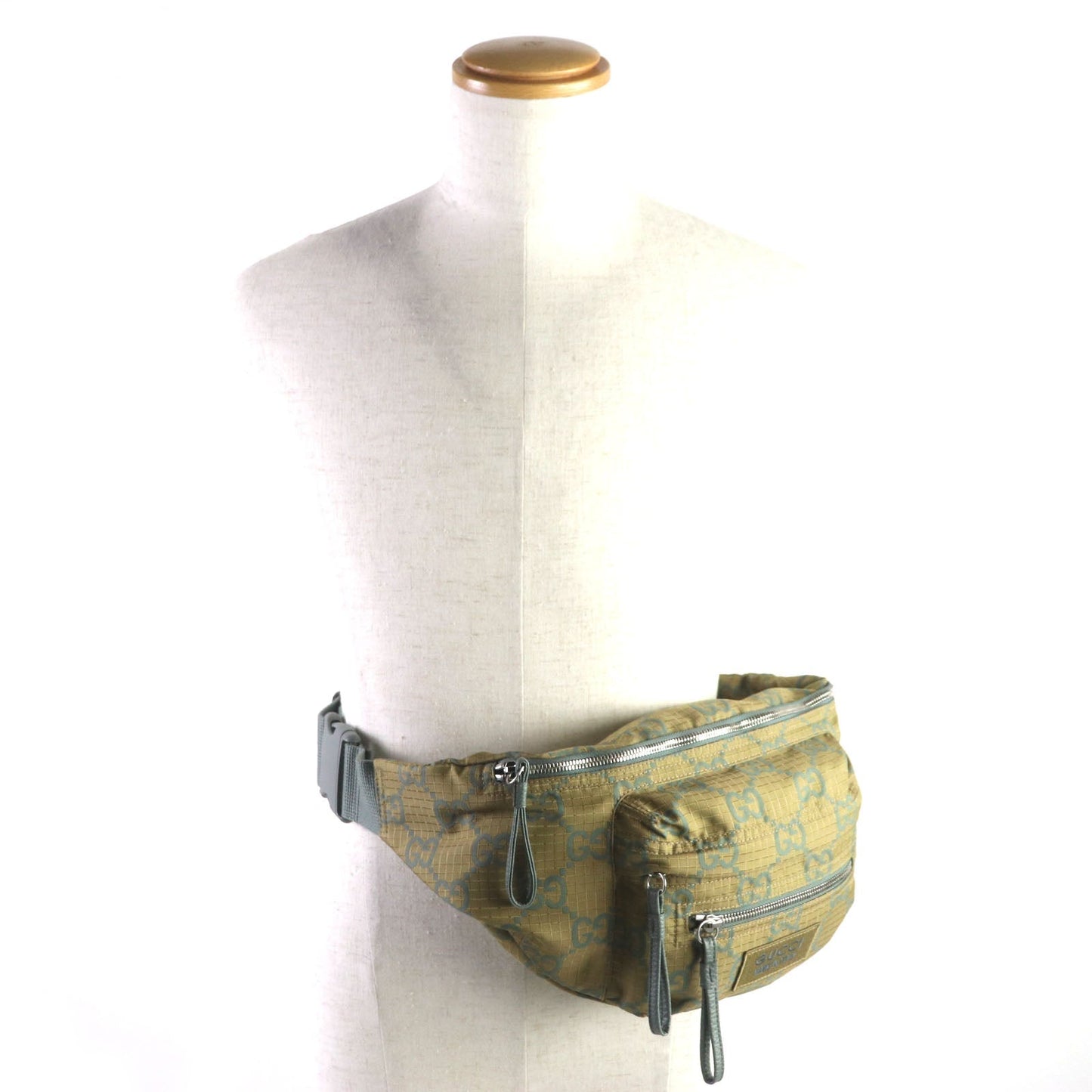 Gucci Waist Part GG Ripstop Leather Nylon Khaki Belt
